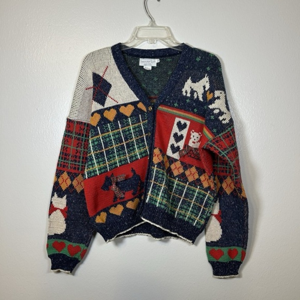 Vintage Sweater Loft Cardigan Sweater Large Scottie‎ Westie Hearts Cottagecore